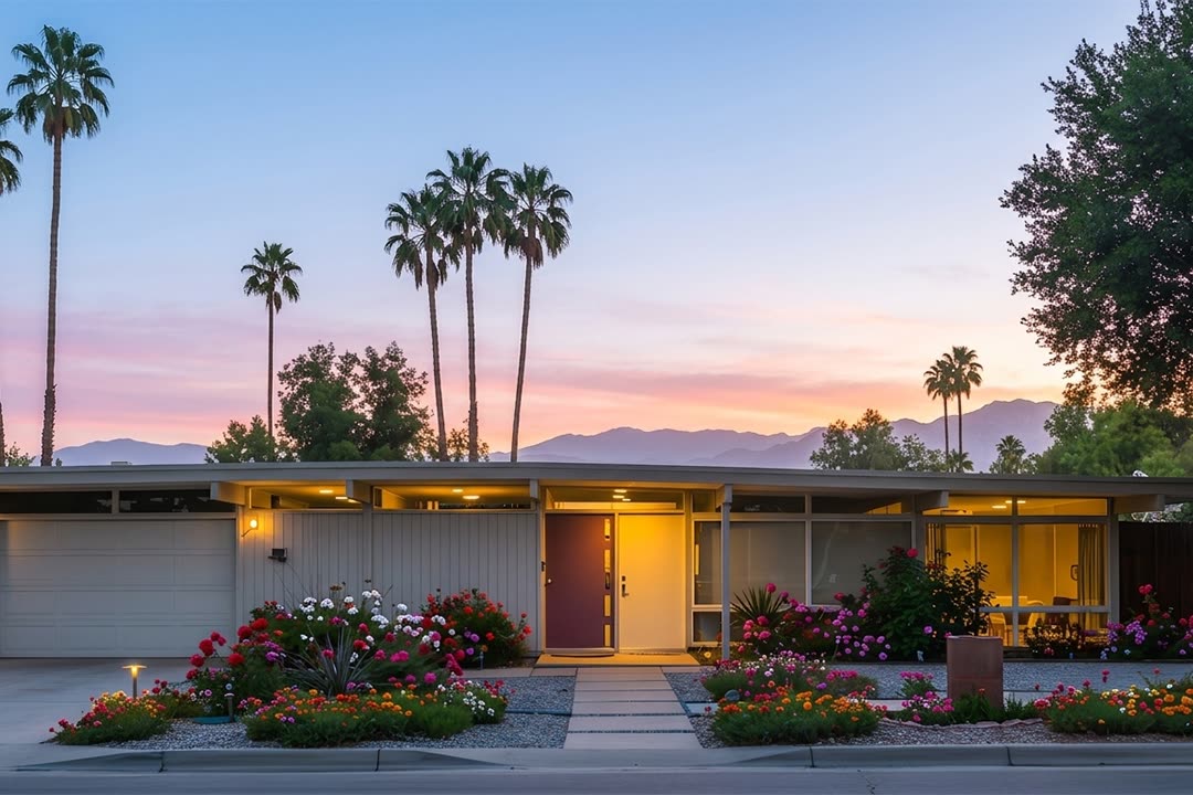 A mid-century house at dusk straight out of camera, with a pale, empty sky.