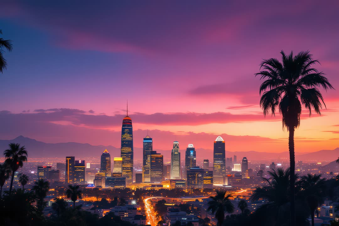 The same skyline after editing: haze cleared, a deep magenta sky and city lights that read individually.