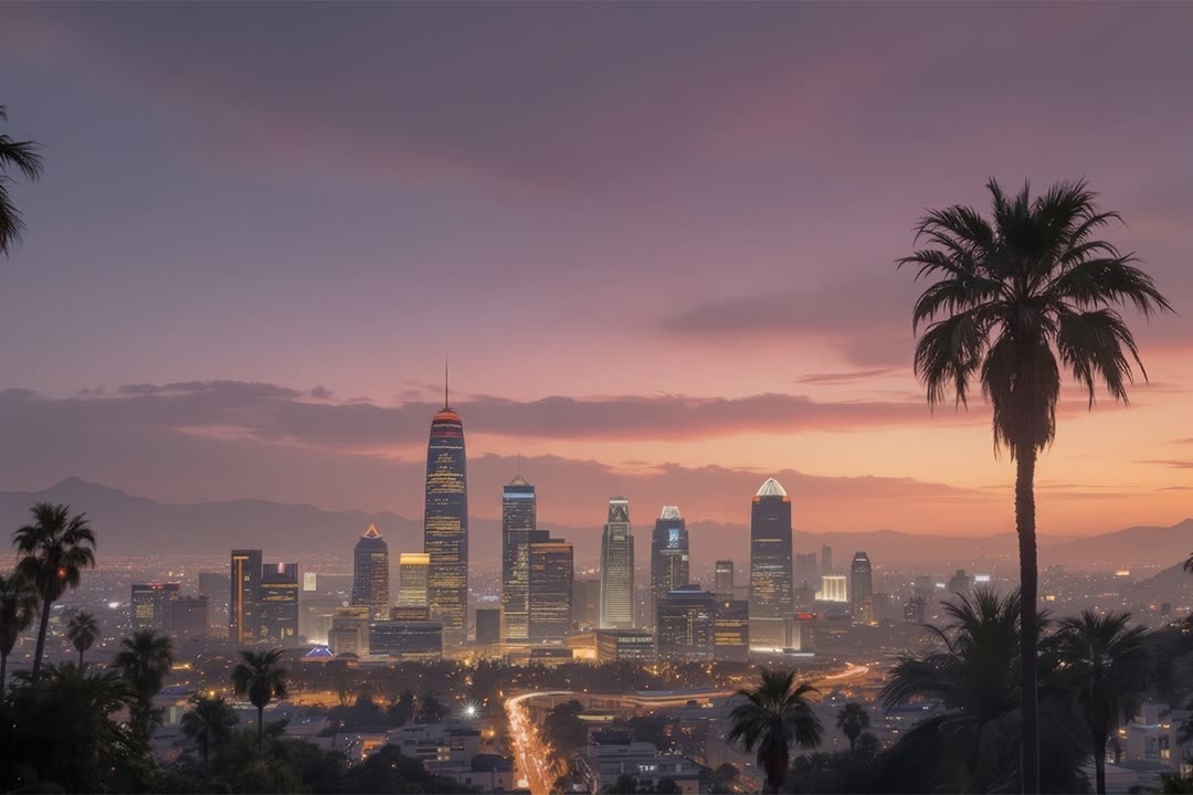 A city skyline at dusk straight out of camera, flattened by haze.
